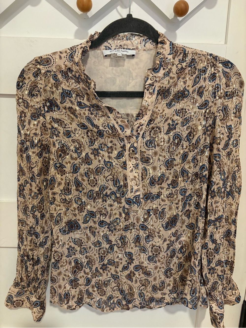 Gerard Darel Beige Paisley Ruffle-Neck Blouse with Blue Accents